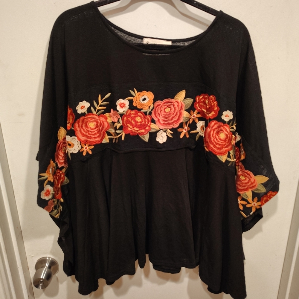 Savanna Jane Black Top with Red and Orange Floral Design